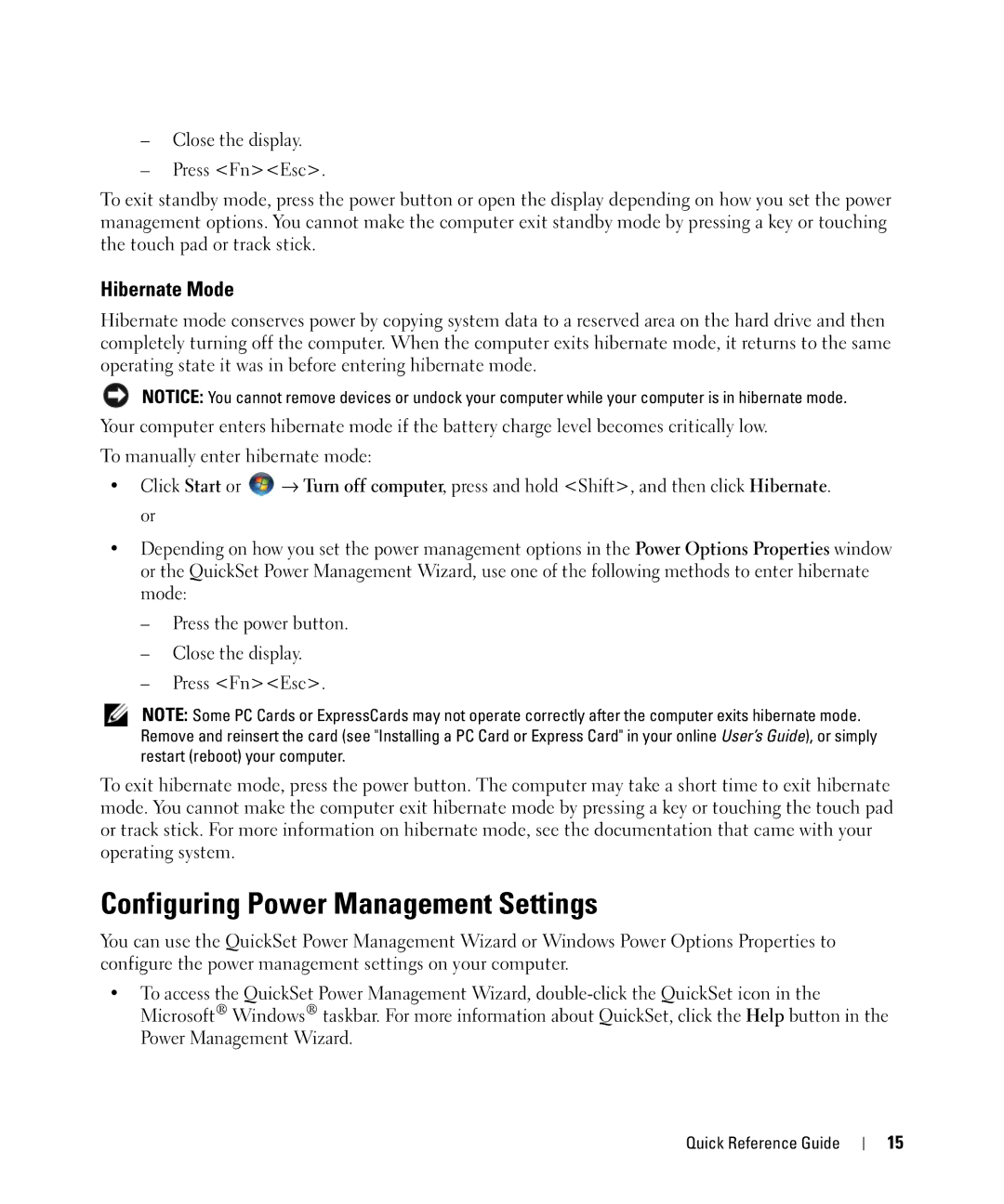 Dell HM328 manual Configuring Power Management Settings, Hibernate Mode 