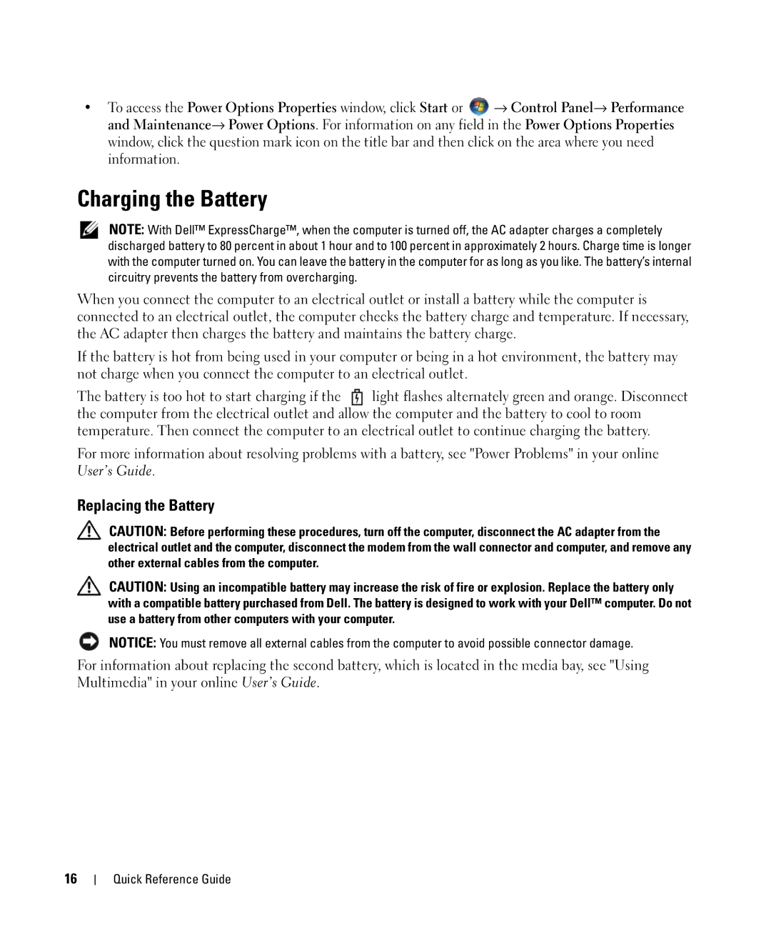 Dell HM328 manual Charging the Battery, Replacing the Battery 