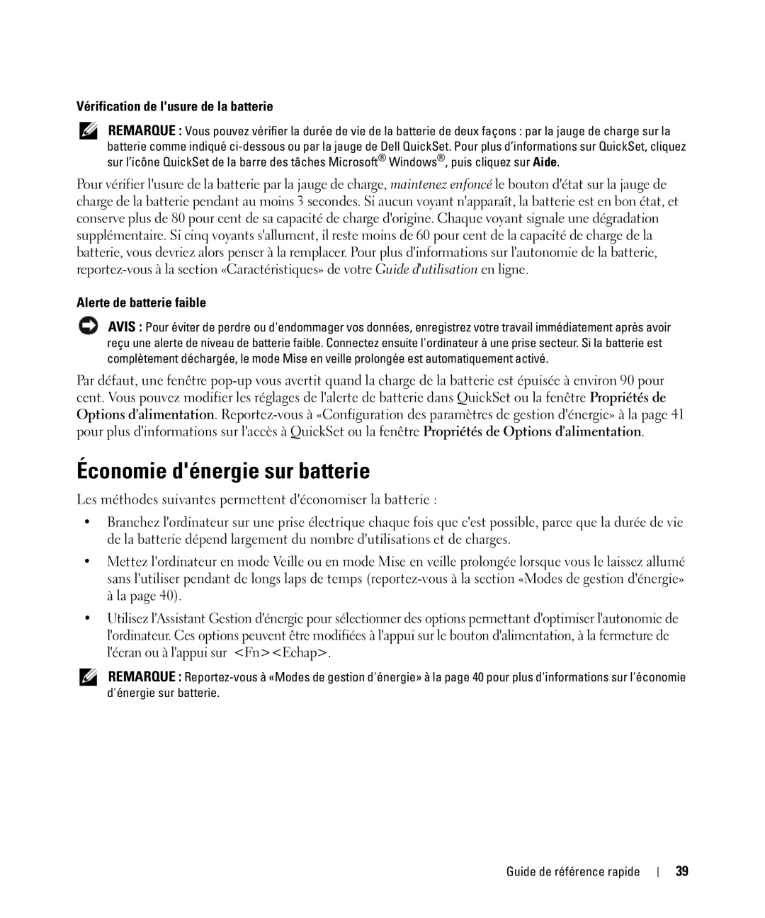 Dell HM328 manual Économie dénergie sur batterie, Vérification de lusure de la batterie, Alerte de batterie faible 