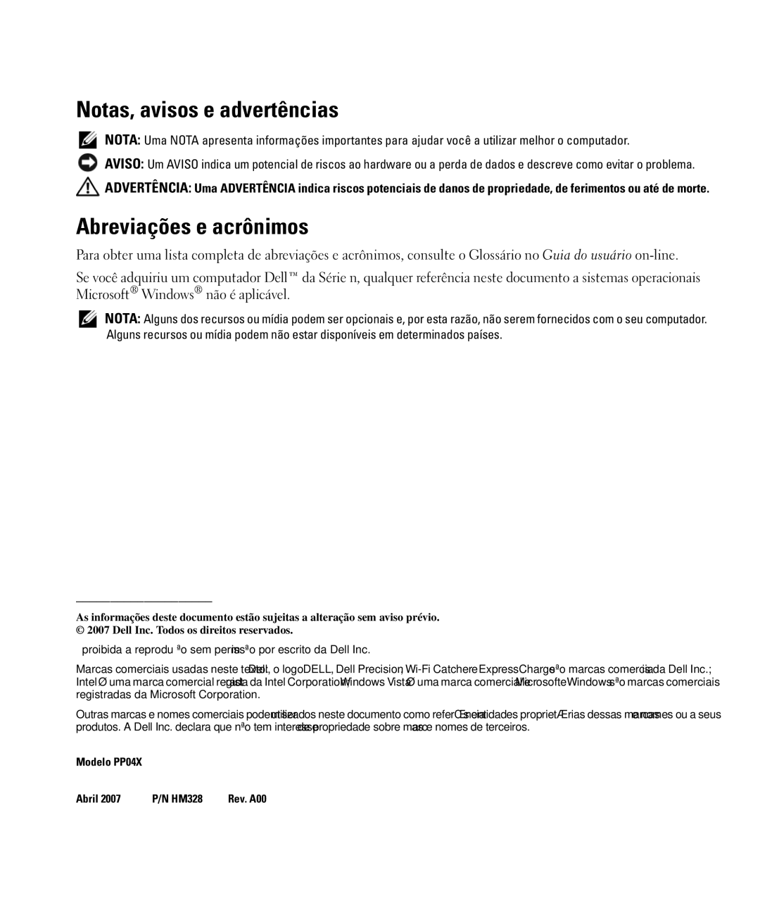 Dell HM328 manual Notas, avisos e advertências, Abreviações e acrônimos 