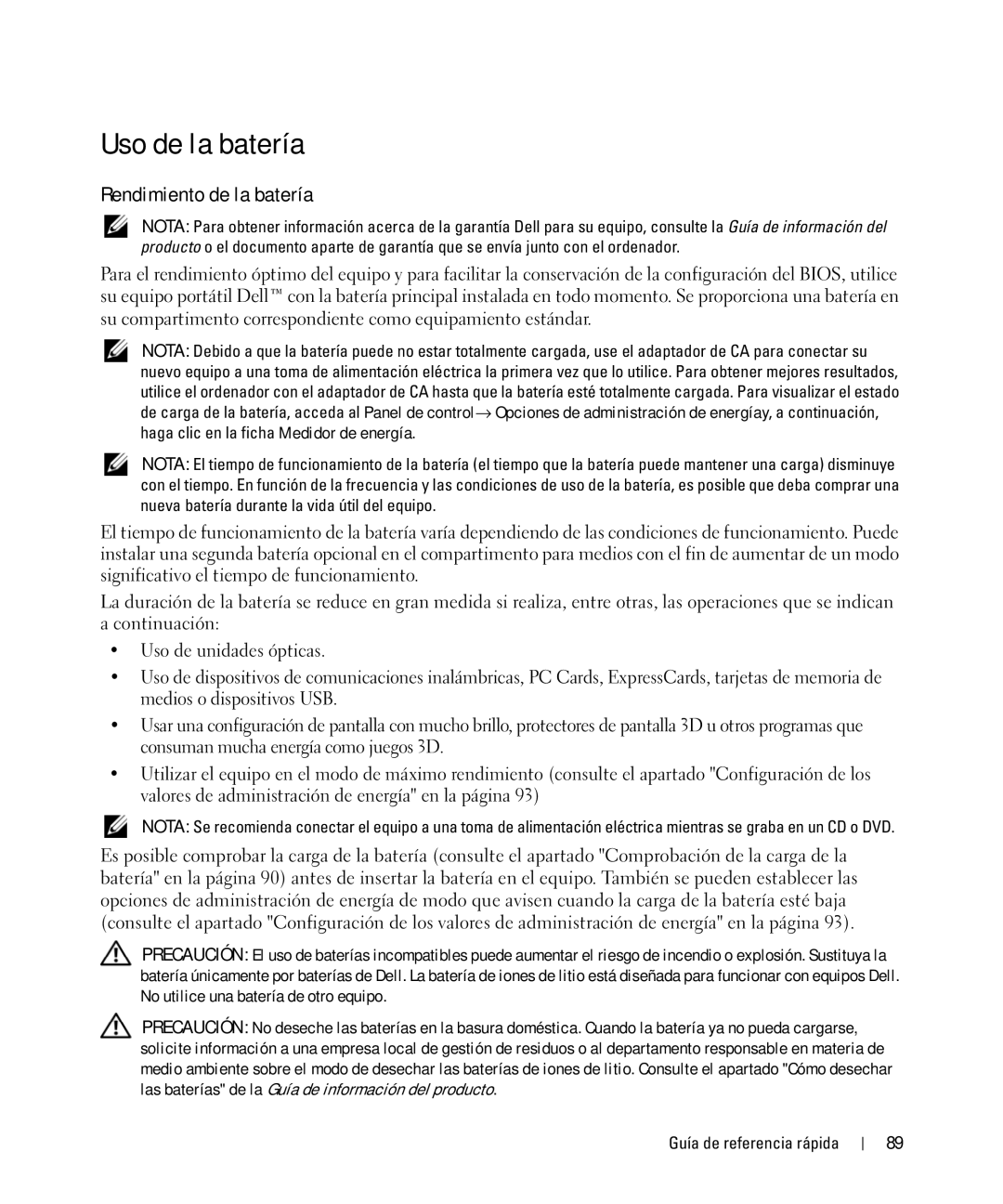 Dell HM328 manual Uso de la batería, Rendimiento de la batería 