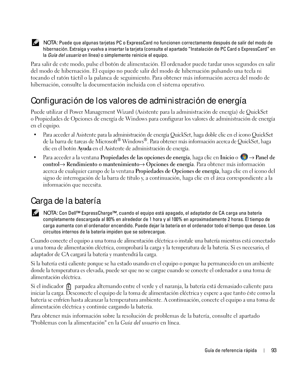 Dell HM328 manual Configuración de los valores de administración de energía, Carga de la batería 