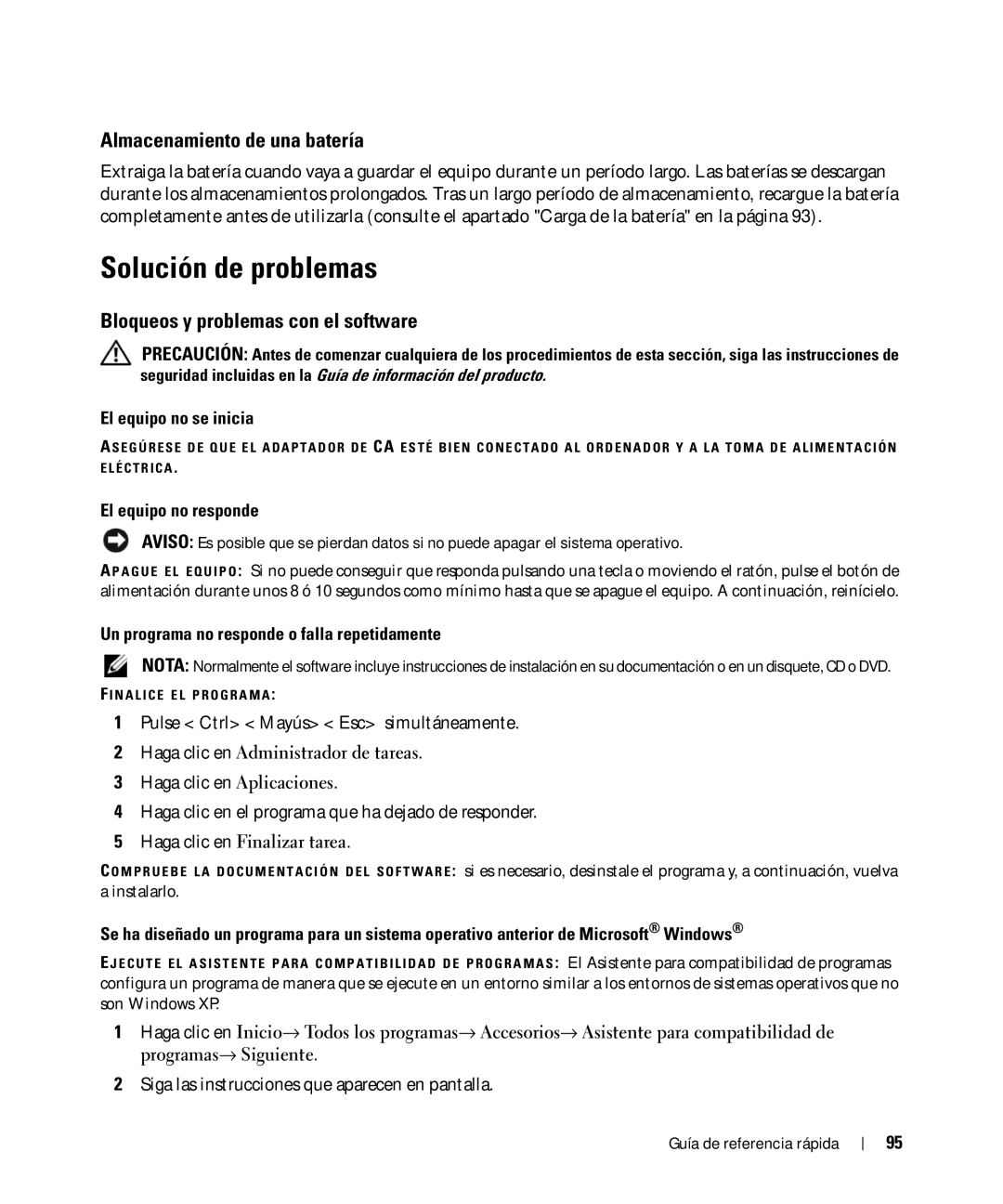 Dell HM328 manual Solución de problemas, Almacenamiento de una batería, Bloqueos y problemas con el software 