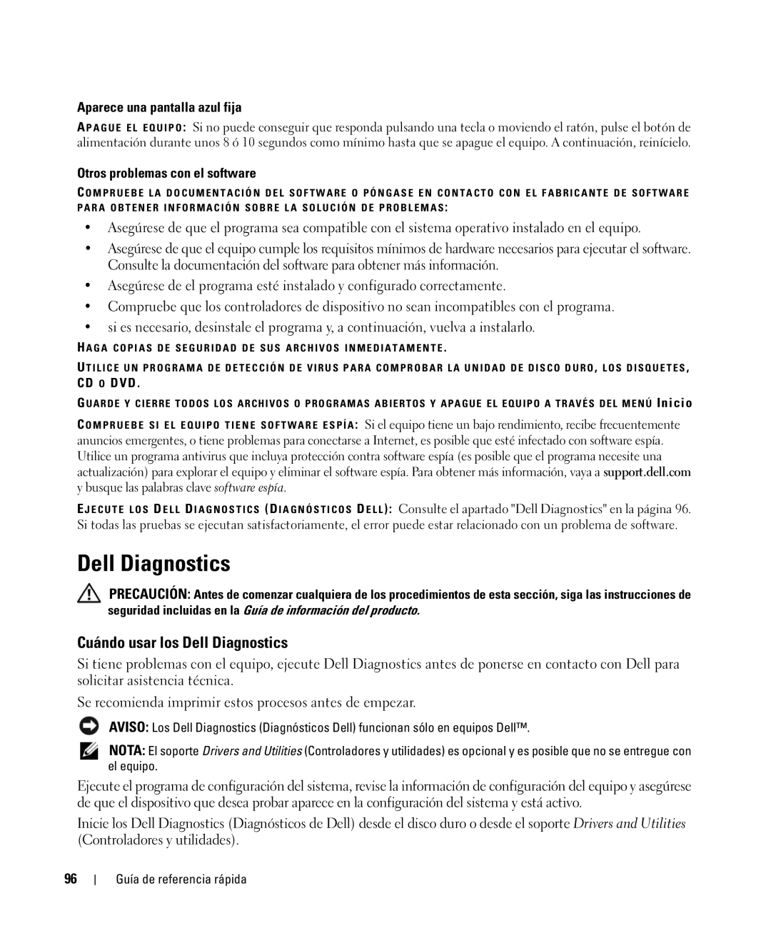 Dell HM328 manual Cuándo usar los Dell Diagnostics, Aparece una pantalla azul fija, Otros problemas con el software 