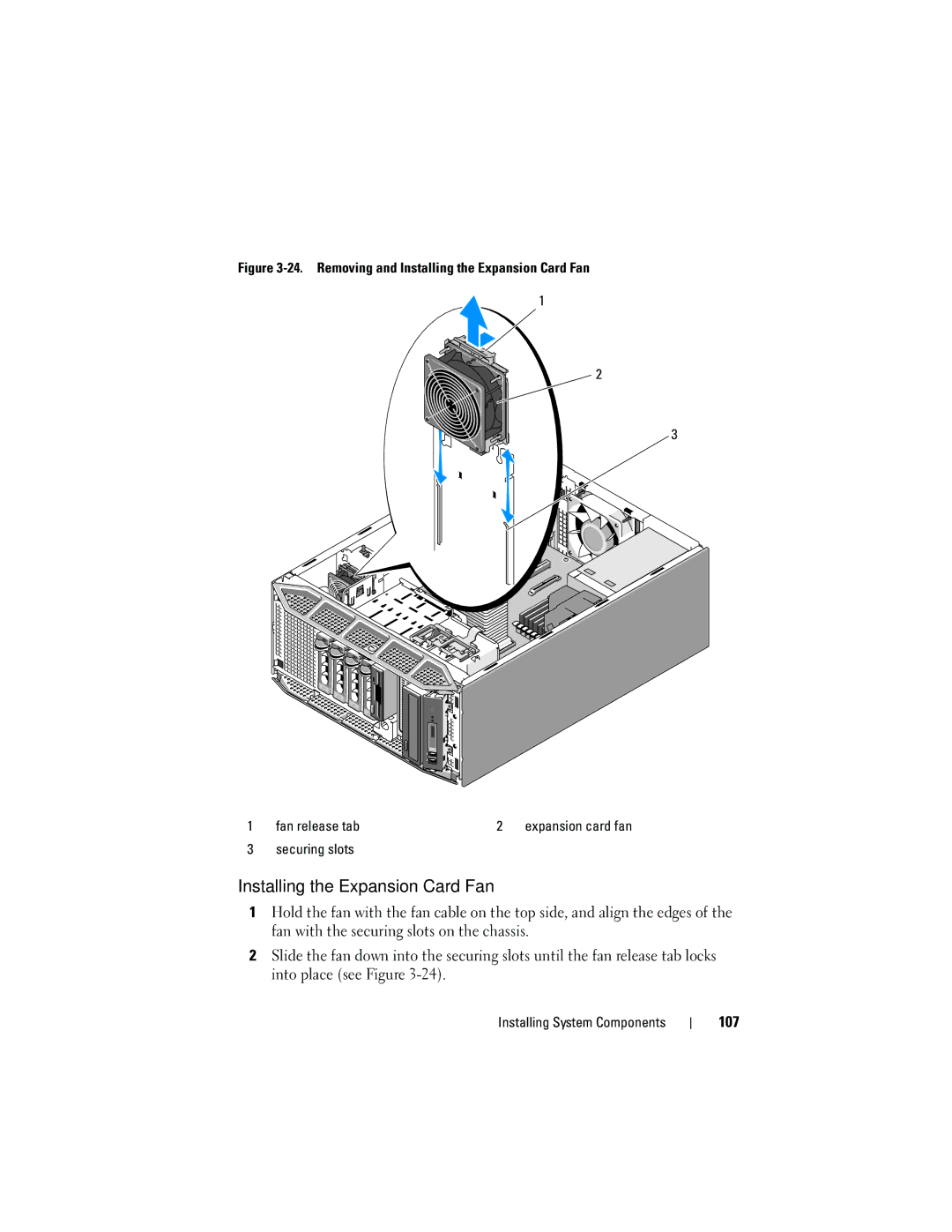 Dell HR675 owner manual Installing the Expansion Card Fan, 107, Securing slots 