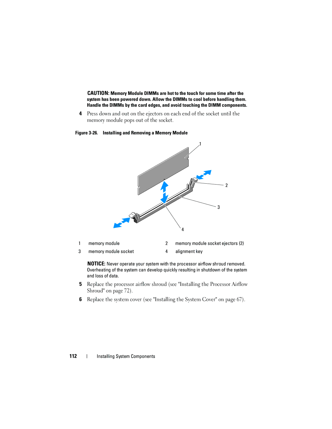 Dell HR675 owner manual Installing and Removing a Memory Module Memory module, Memory module socket Alignment key 