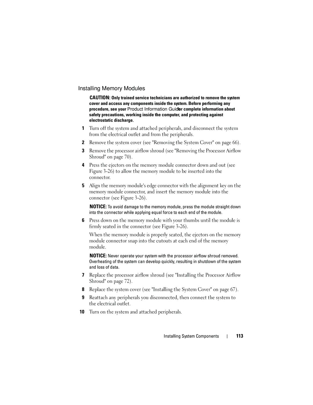 Dell HR675 owner manual Installing Memory Modules, 113 