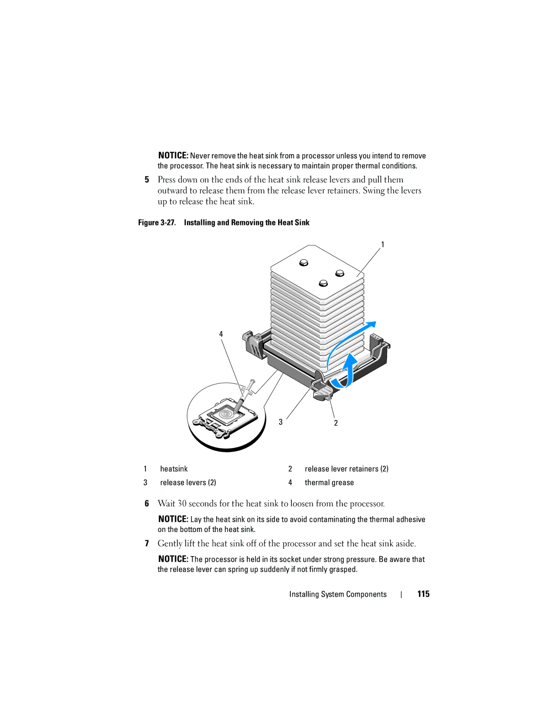 Dell HR675 owner manual 115, Release levers Thermal grease 