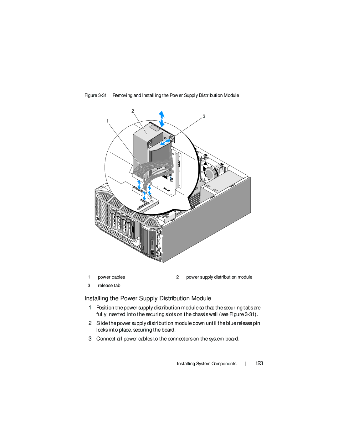 Dell HR675 owner manual Installing the Power Supply Distribution Module, 123, Release tab 