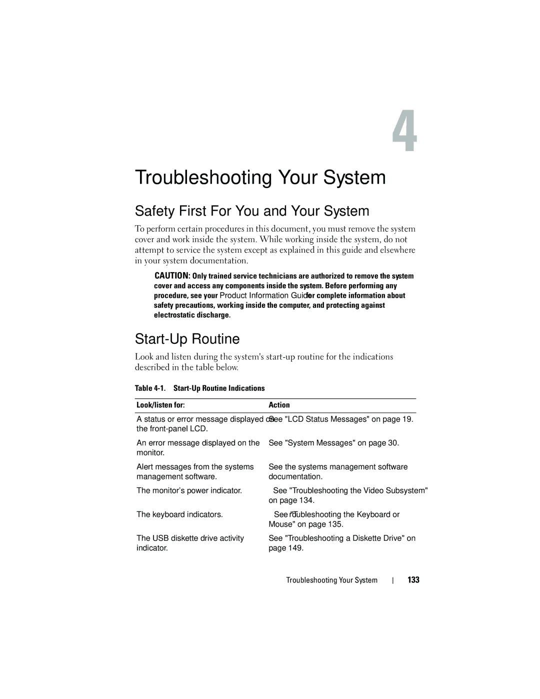 Dell HR675 owner manual Safety First-For You and Your System, Start-Up Routine Indications Look/listen for Action 