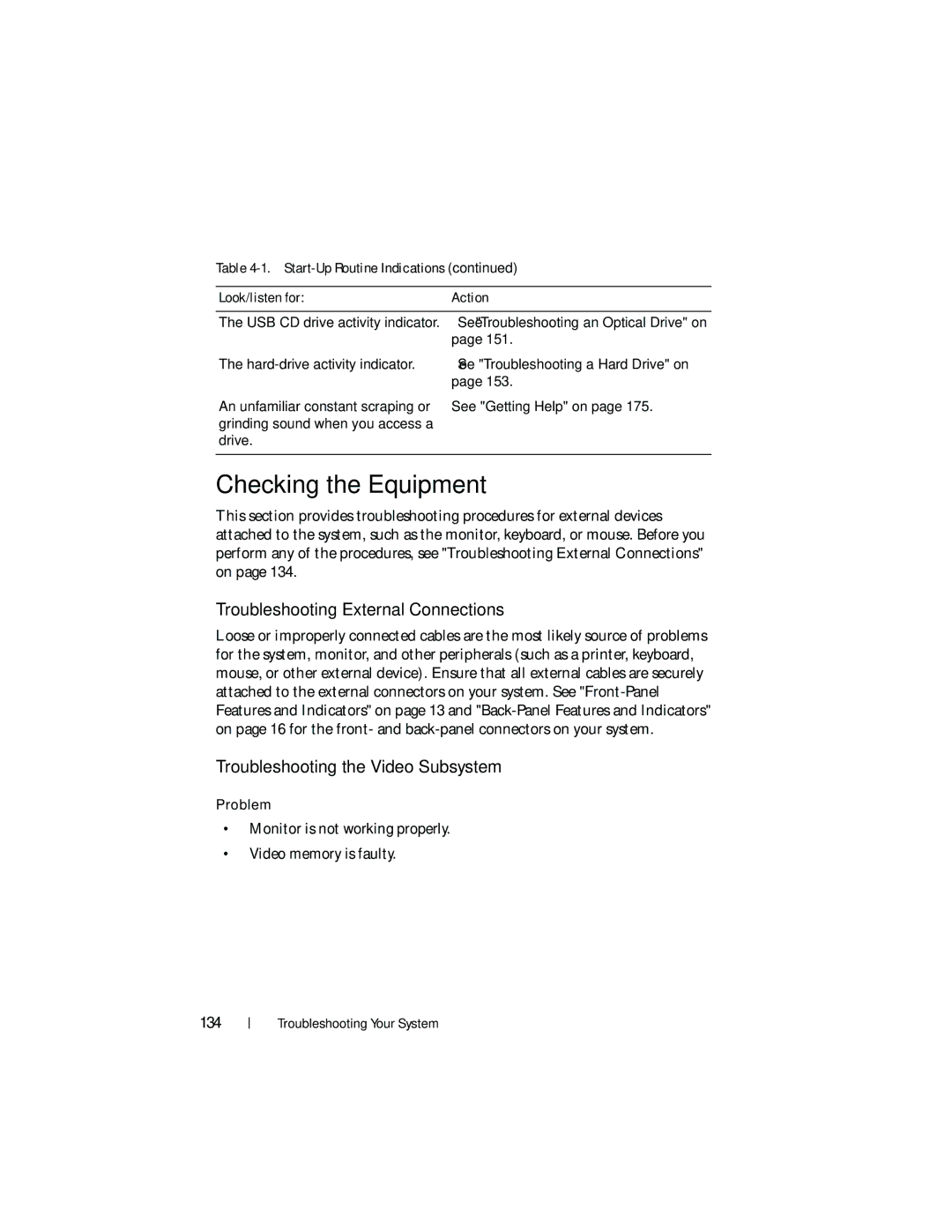 Dell HR675 owner manual Checking the Equipment, Troubleshooting External Connections, Troubleshooting the Video Subsystem 