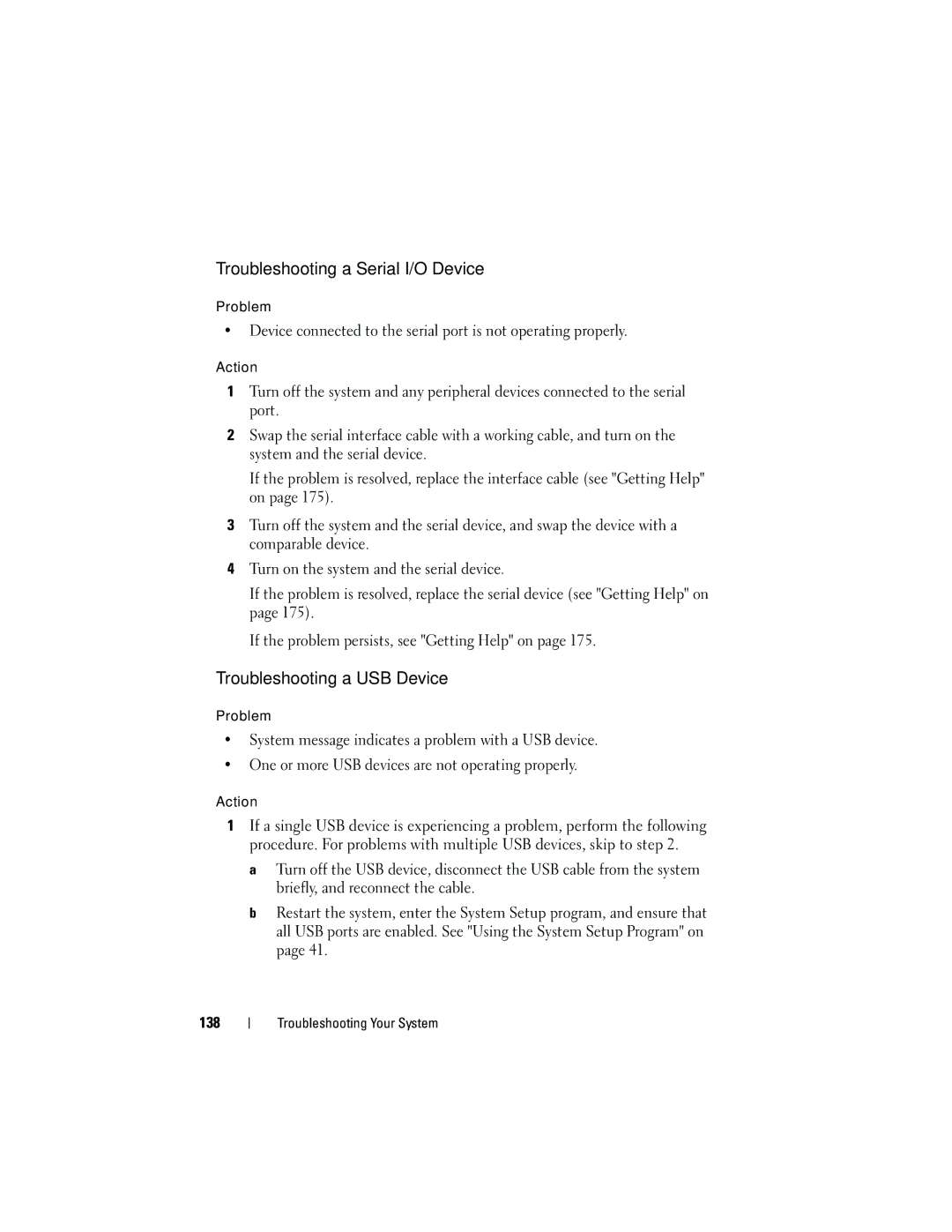 Dell HR675 owner manual Troubleshooting a Serial I/O Device, Troubleshooting a USB Device 