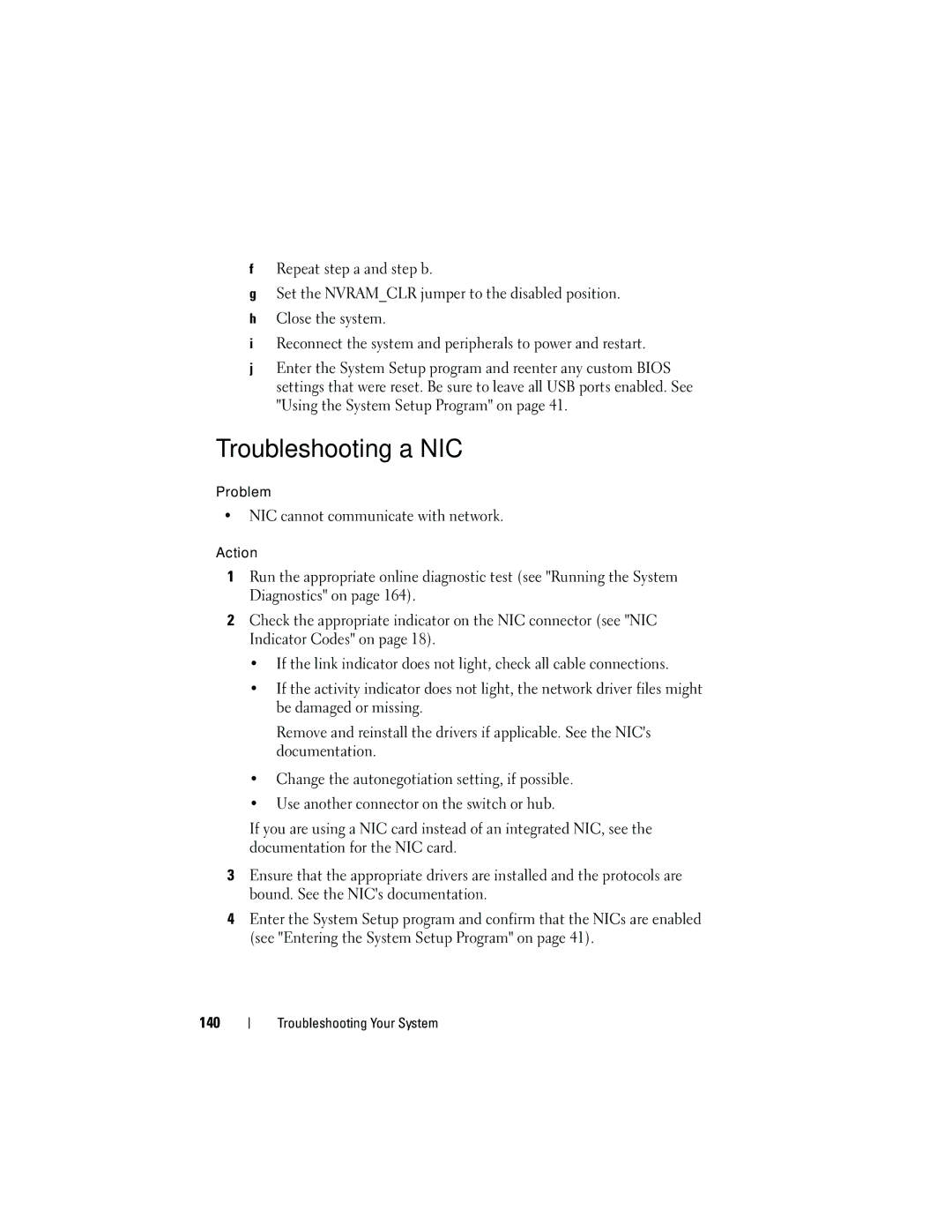 Dell HR675 owner manual Troubleshooting a NIC, NIC cannot communicate with network 