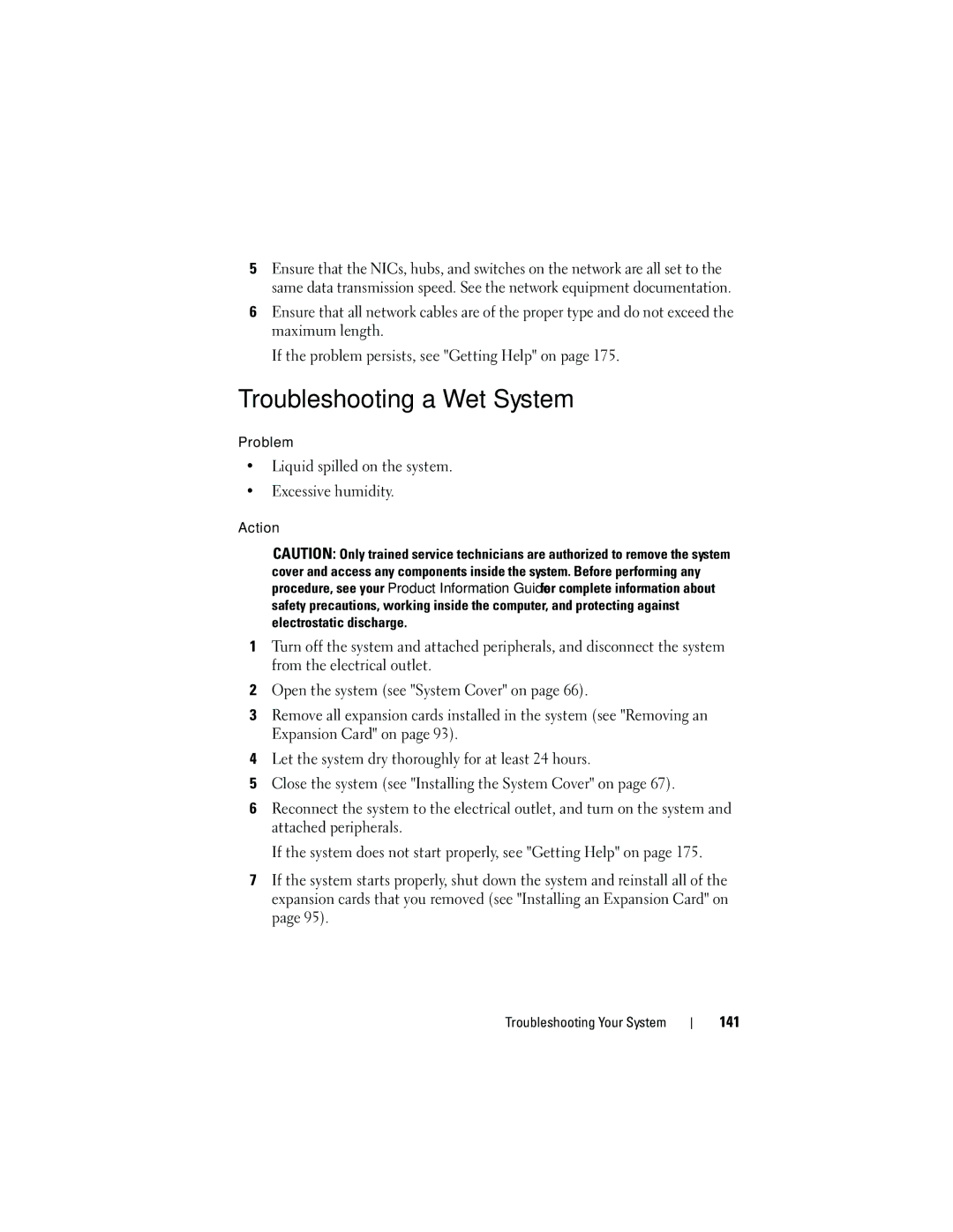 Dell HR675 owner manual Troubleshooting a Wet System, Liquid spilled on the system Excessive humidity, 141 