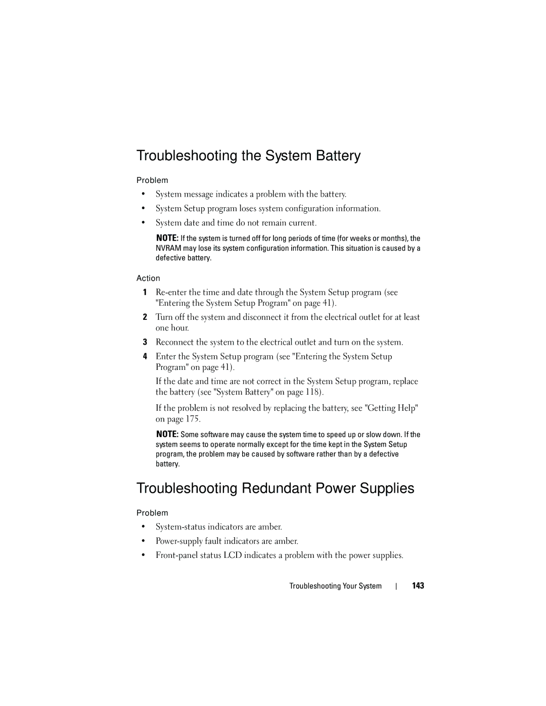 Dell HR675 owner manual Troubleshooting the System Battery, Troubleshooting Redundant Power Supplies, 143 