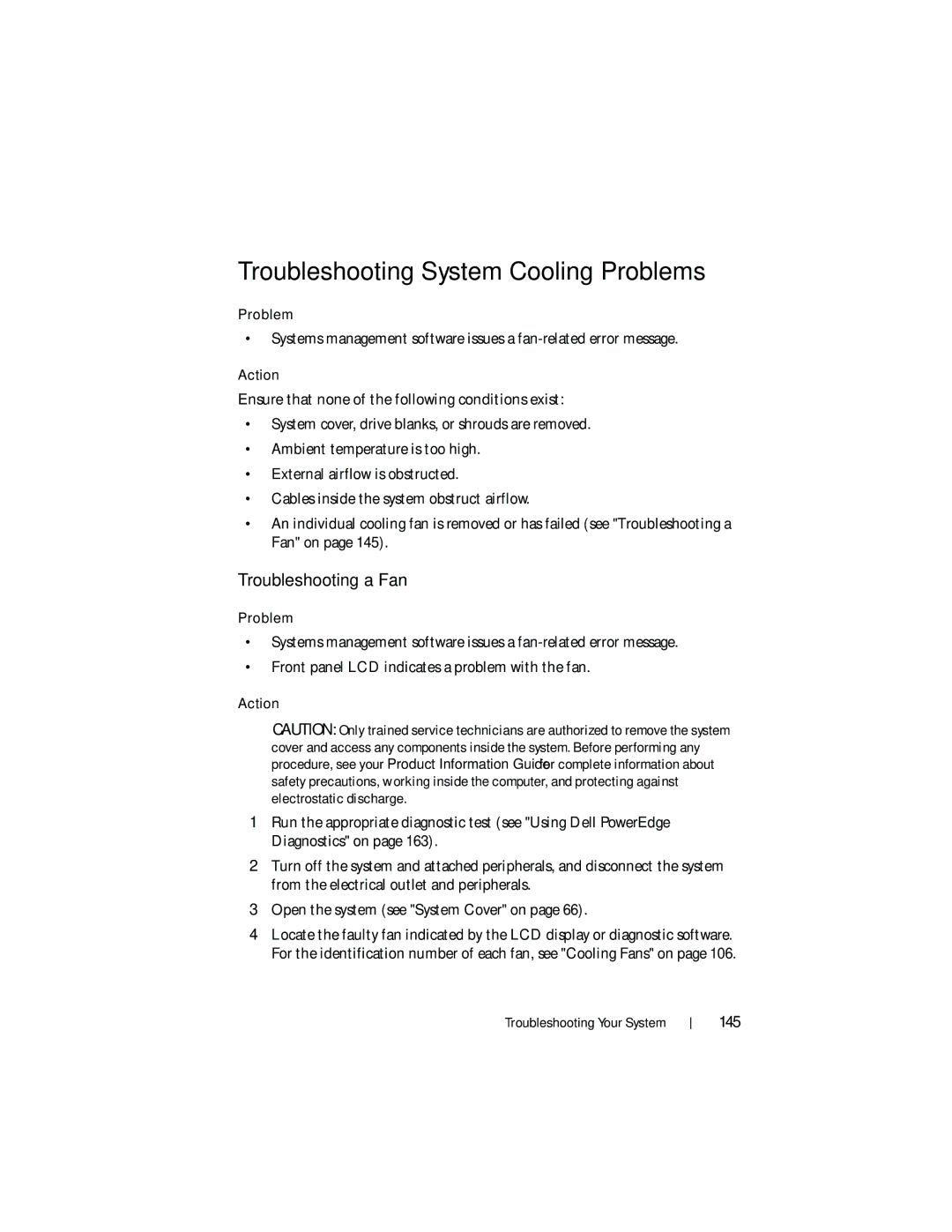 Dell HR675 owner manual Troubleshooting System Cooling Problems, Troubleshooting a Fan, 145 