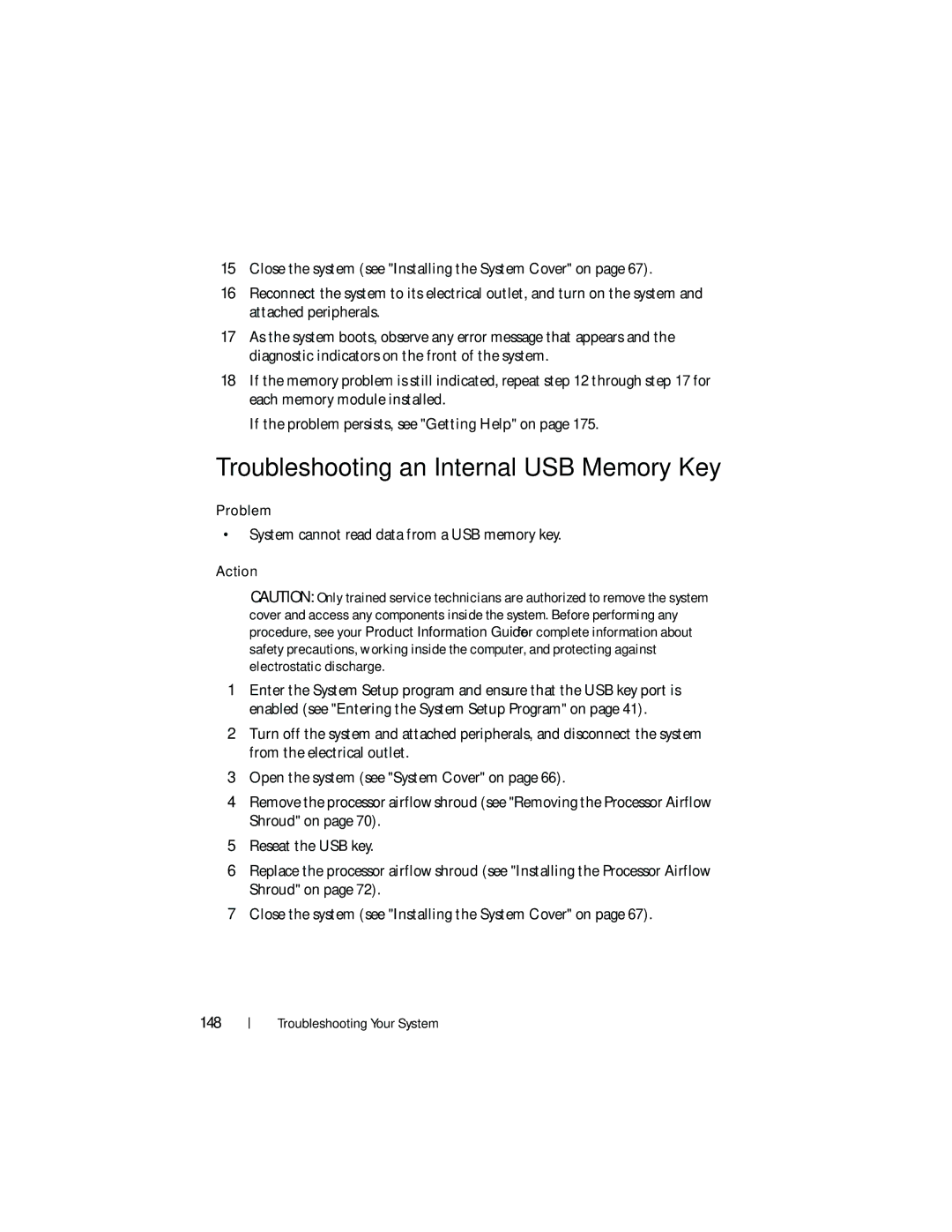 Dell HR675 owner manual Troubleshooting an Internal USB Memory Key, System cannot read data from a USB memory key 