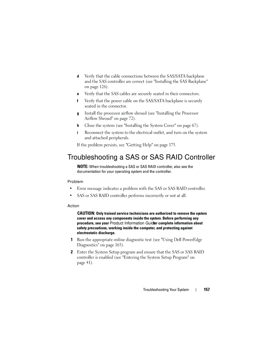 Dell HR675 owner manual Troubleshooting a SAS or SAS RAID Controller, 157 