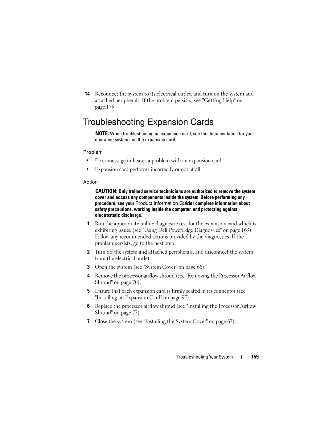 Dell HR675 owner manual Troubleshooting Expansion Cards, 159 