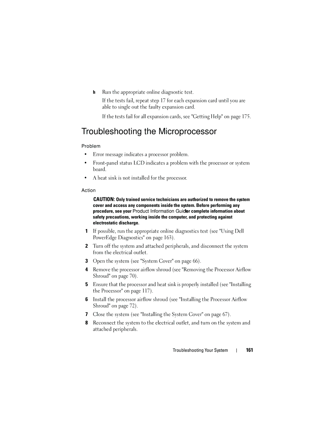 Dell HR675 owner manual Troubleshooting the Microprocessor, 161 