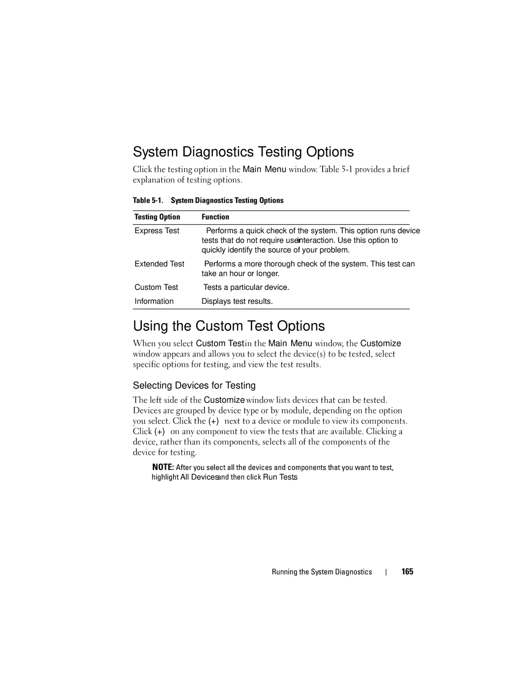 Dell HR675 System Diagnostics Testing Options, Using the Custom Test Options, Selecting Devices for Testing, 165 