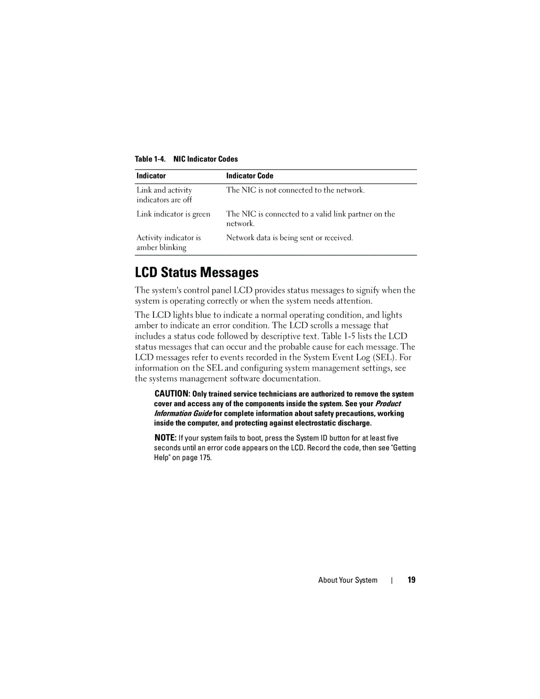 Dell HR675 owner manual LCD Status Messages, NIC Indicator Codes 