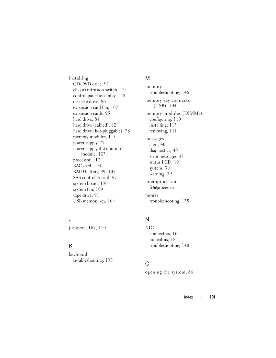 Dell HR675 owner manual Mouse troubleshooting Jumpers, 167, Connectors, Indicators, Troubleshooting, 191 