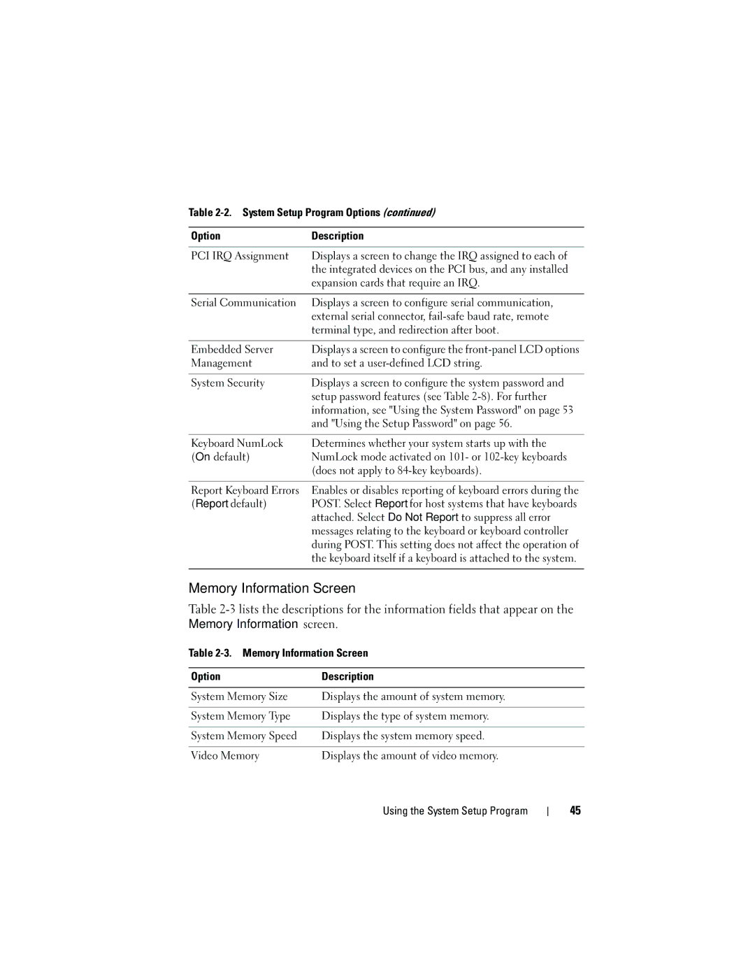 Dell HR675 owner manual Memory Information Screen 