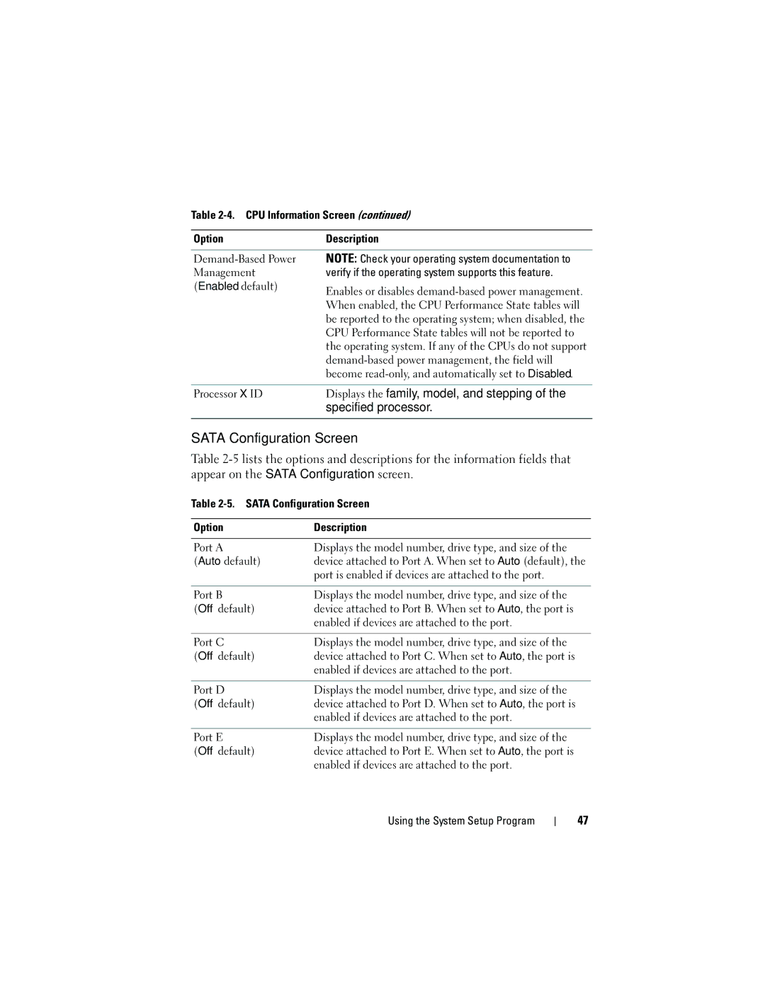 Dell HR675 owner manual Sata Configuration Screen, Displays the family, model, and stepping, Specified processor 