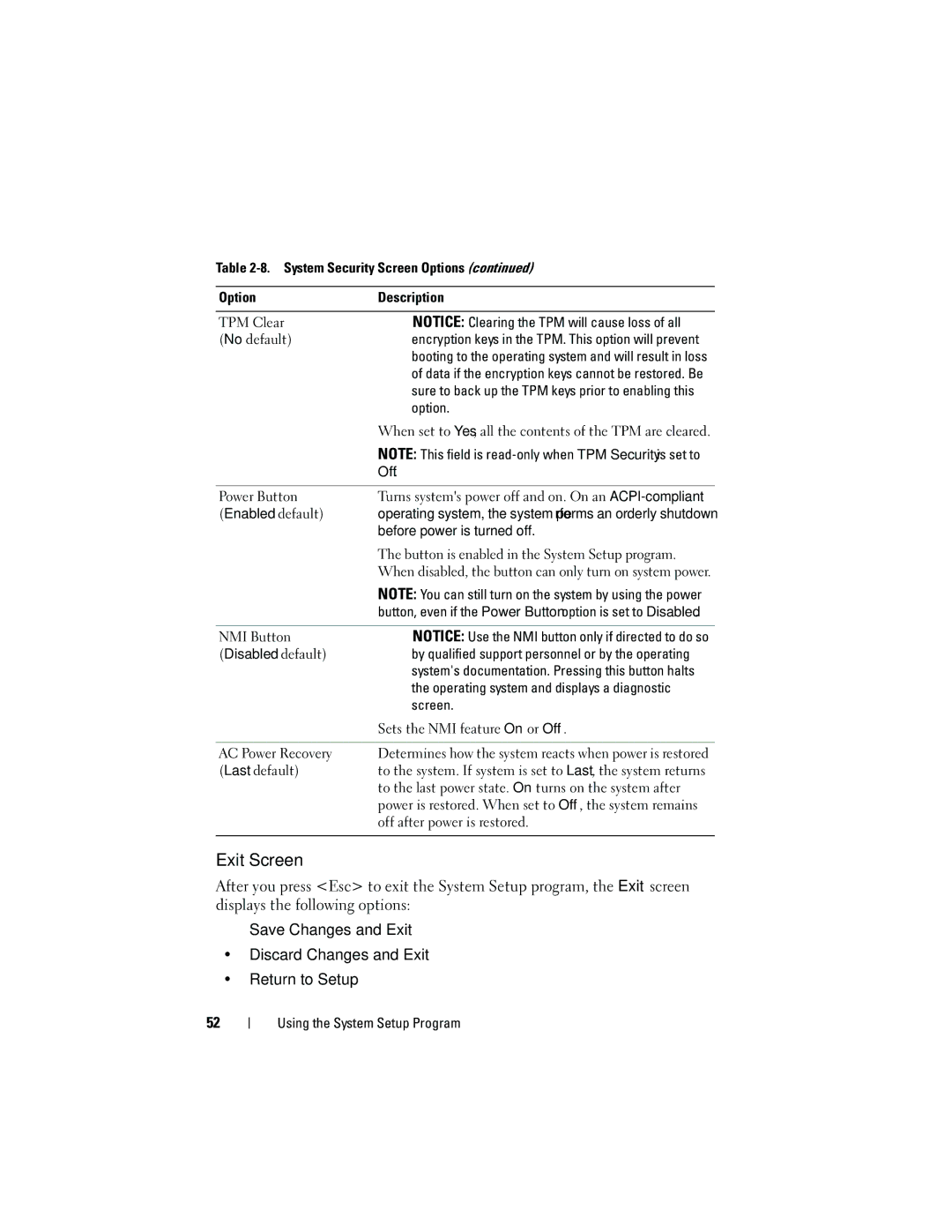 Dell HR675 owner manual Exit Screen 