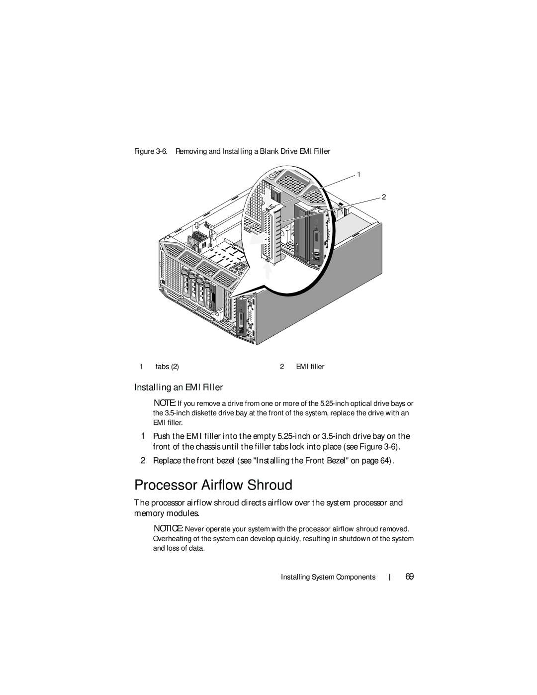 Dell HR675 owner manual Processor Airflow Shroud, Installing an EMI Filler 