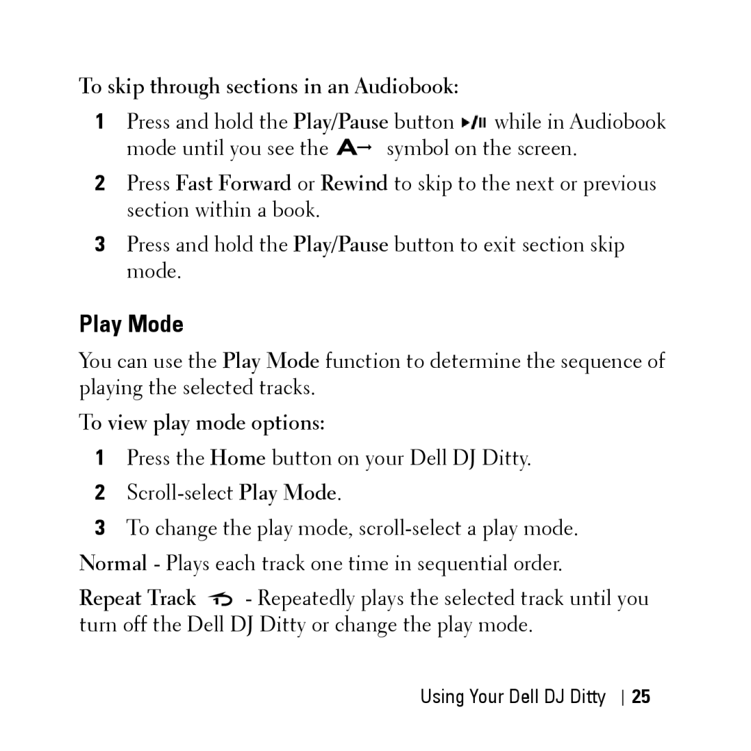 Dell HV04T owner manual Play Mode, To skip through sections in an Audiobook, To view play mode options 