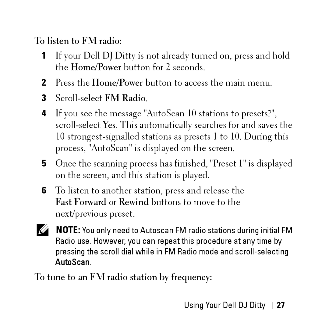 Dell HV04T owner manual To listen to FM radio, To tune to an FM radio station by frequency 