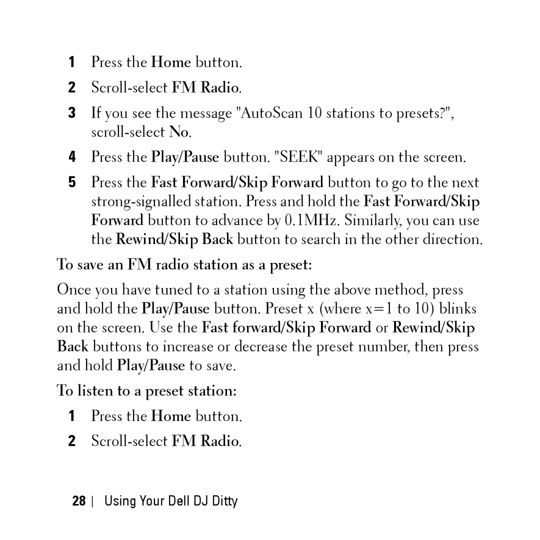 Dell HV04T owner manual To save an FM radio station as a preset, To listen to a preset station 