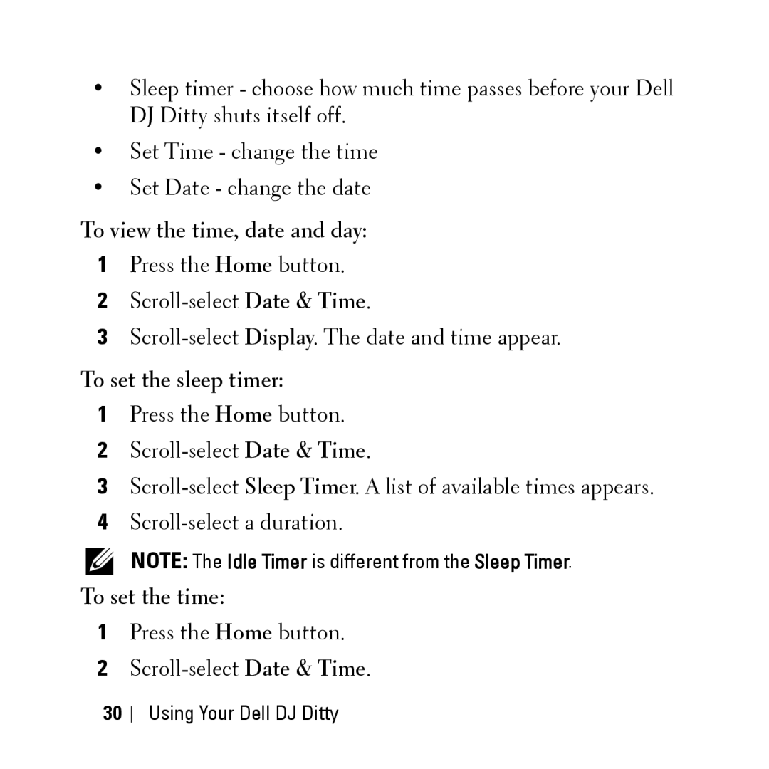 Dell HV04T owner manual To view the time, date and day, To set the sleep timer, To set the time 