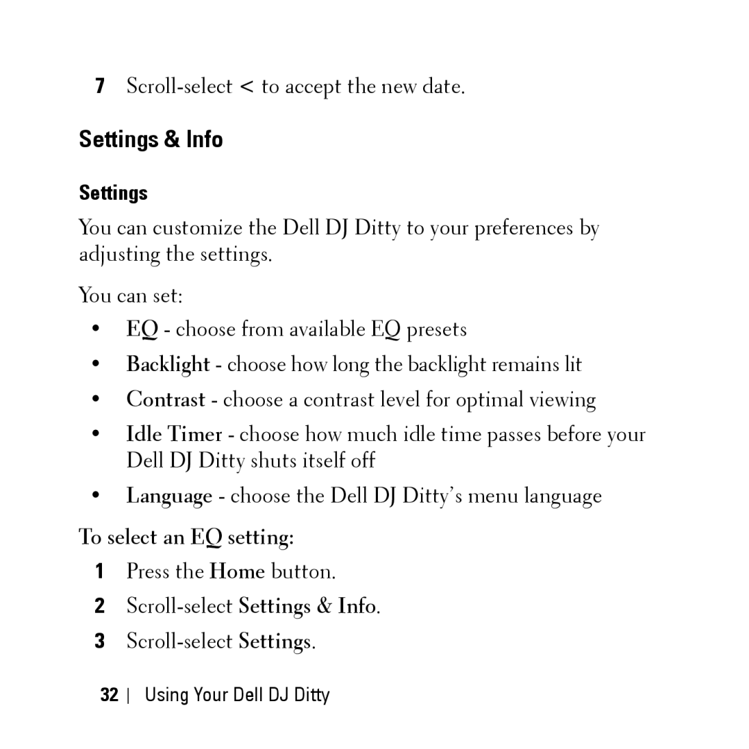 Dell HV04T owner manual Settings & Info, To select an EQ setting 