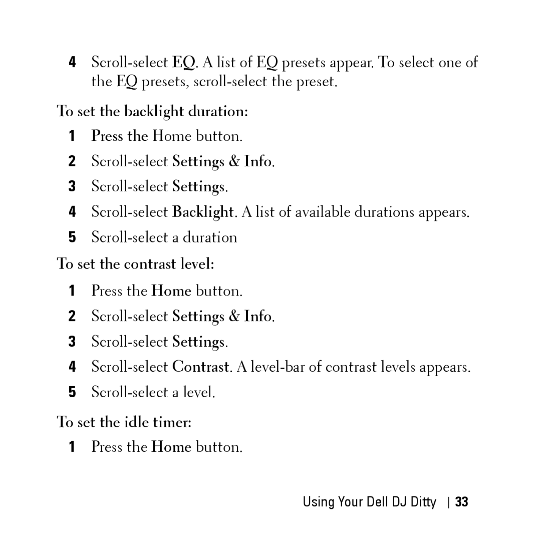 Dell HV04T owner manual To set the backlight duration, To set the contrast level, To set the idle timer 