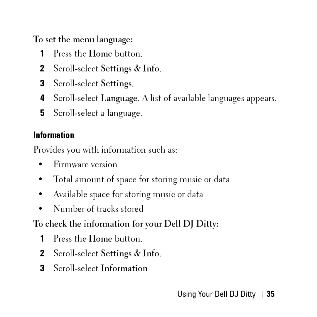 Dell HV04T owner manual To set the menu language, To check the information for your Dell DJ Ditty 