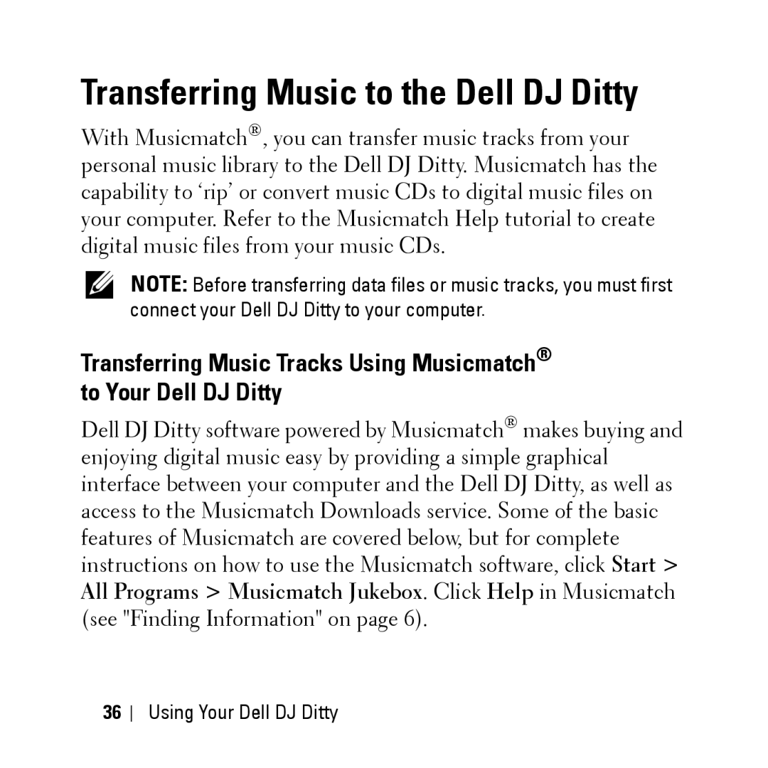 Dell HV04T owner manual Transferring Music to the Dell DJ Ditty 