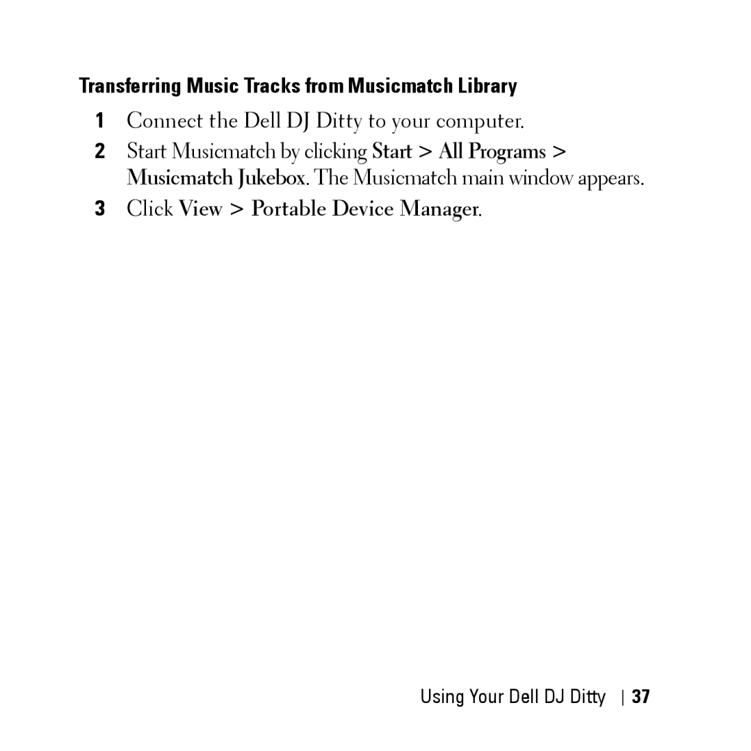 Dell HV04T owner manual Transferring Music Tracks from Musicmatch Library, Click View Portable Device Manager 