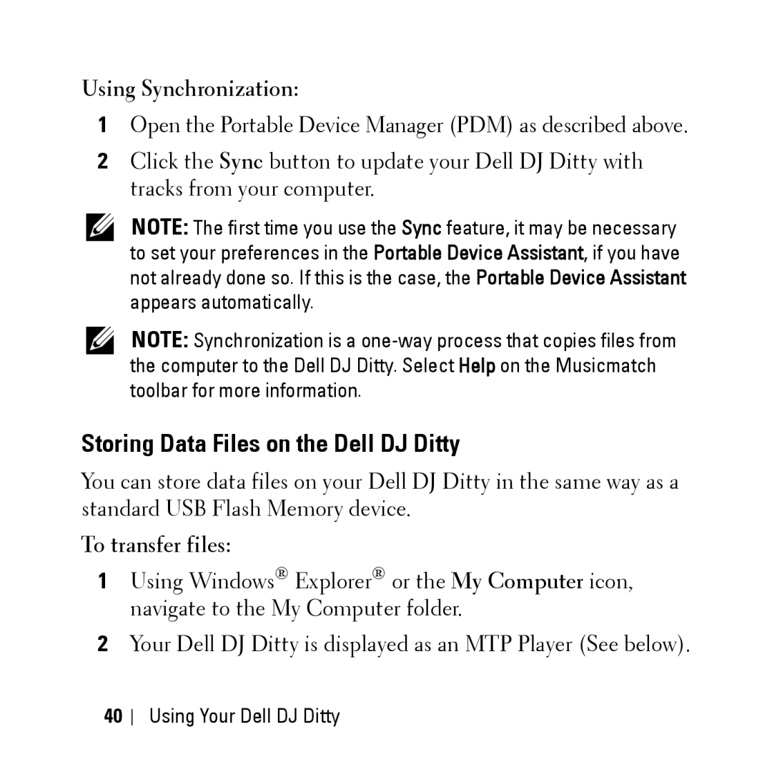 Dell HV04T owner manual Storing Data Files on the Dell DJ Ditty, Using Synchronization, To transfer files 