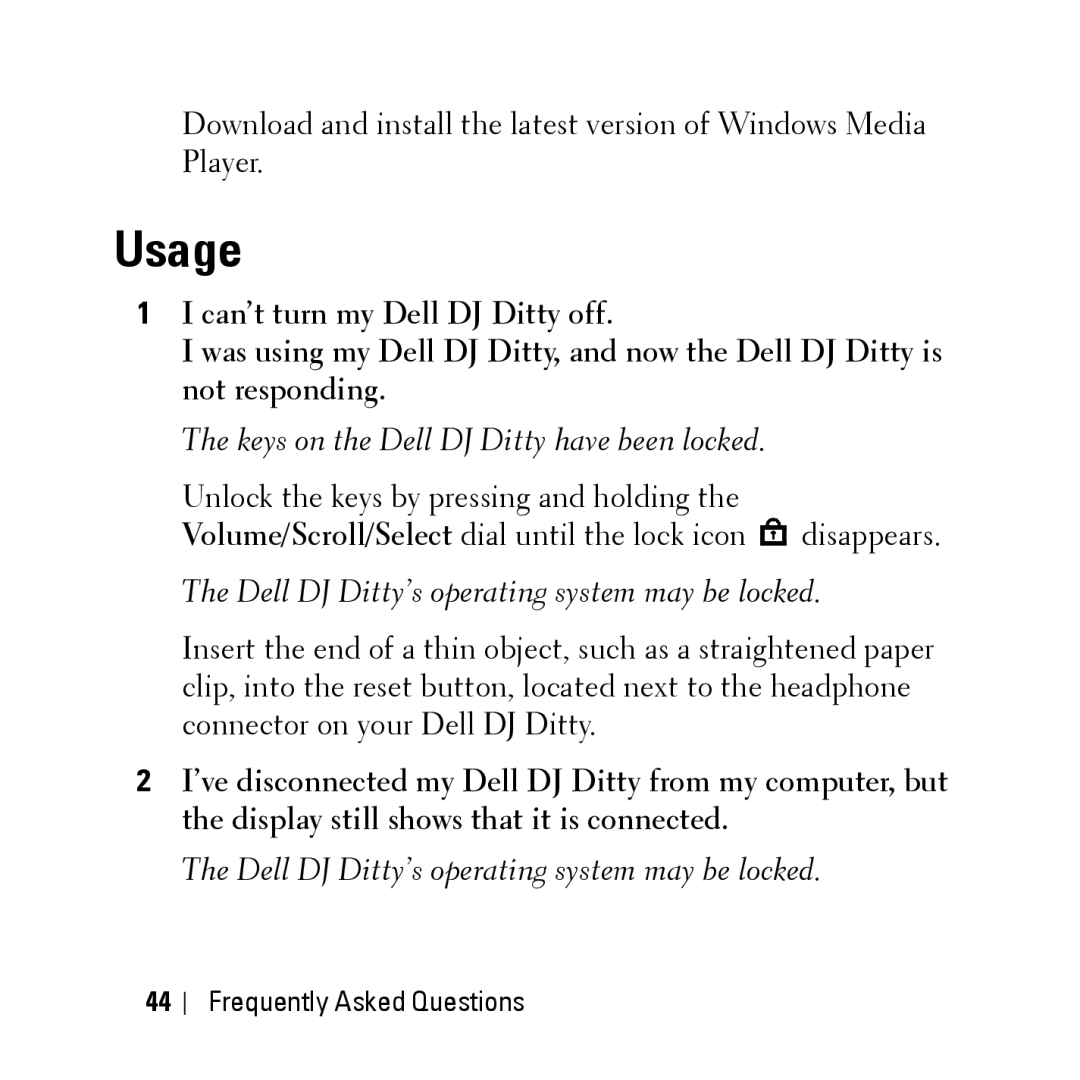 Dell HV04T owner manual Usage, Keys on the Dell DJ Ditty have been locked 