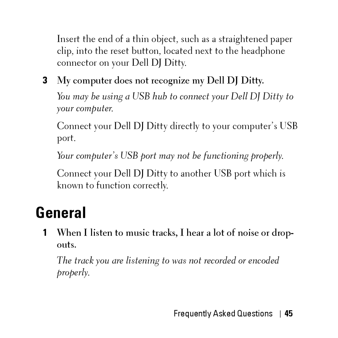 Dell HV04T owner manual General, My computer does not recognize my Dell DJ Ditty 