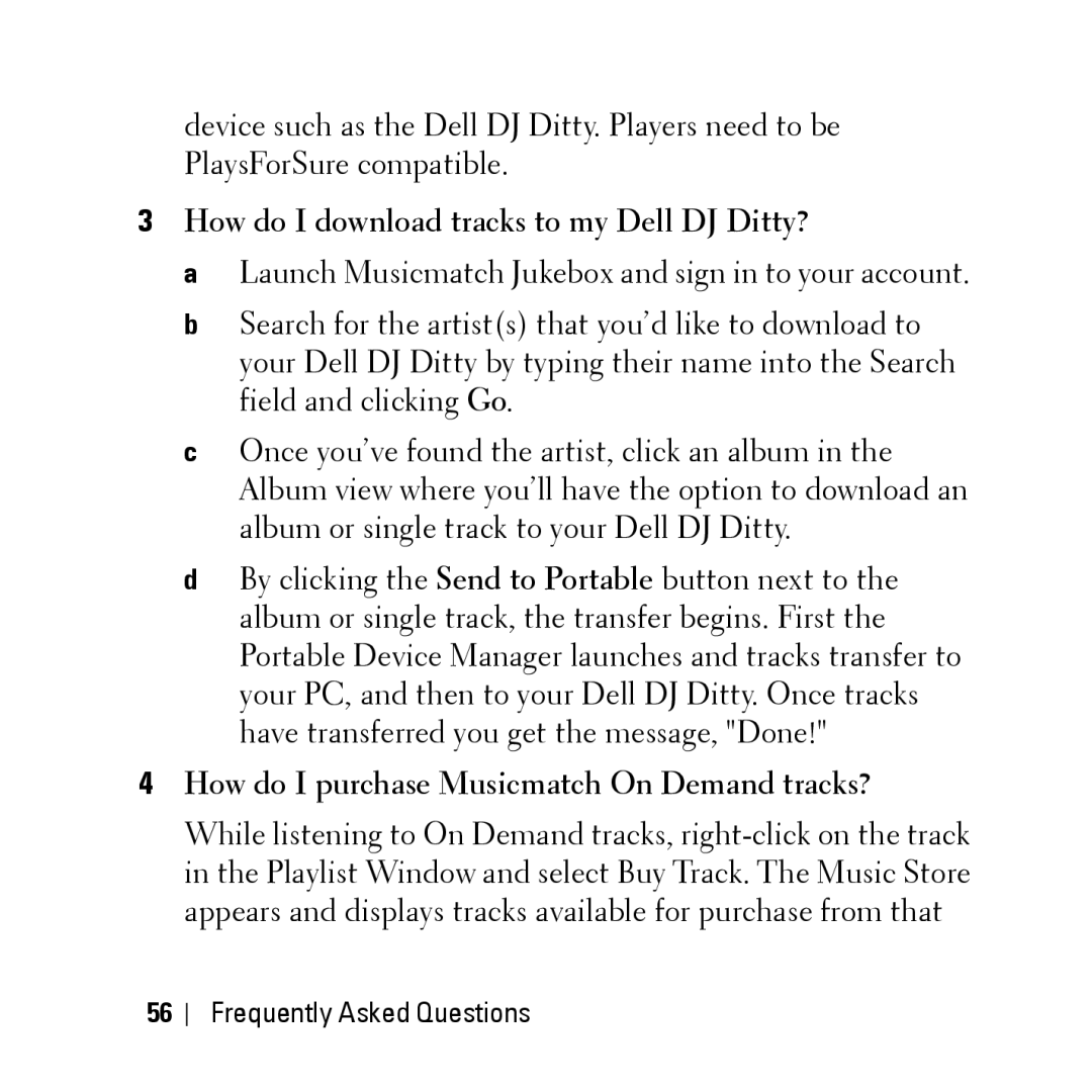 Dell HV04T owner manual How do I download tracks to my Dell DJ Ditty?, How do I purchase Musicmatch On Demand tracks? 