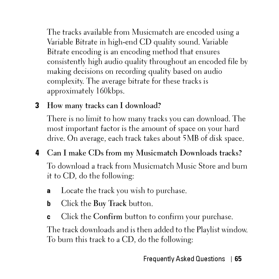 Dell HV04T owner manual How many tracks can I download?, Can I make CDs from my Musicmatch Downloads tracks? 