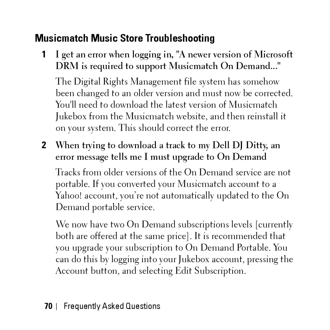 Dell HV04T owner manual Musicmatch Music Store Troubleshooting 