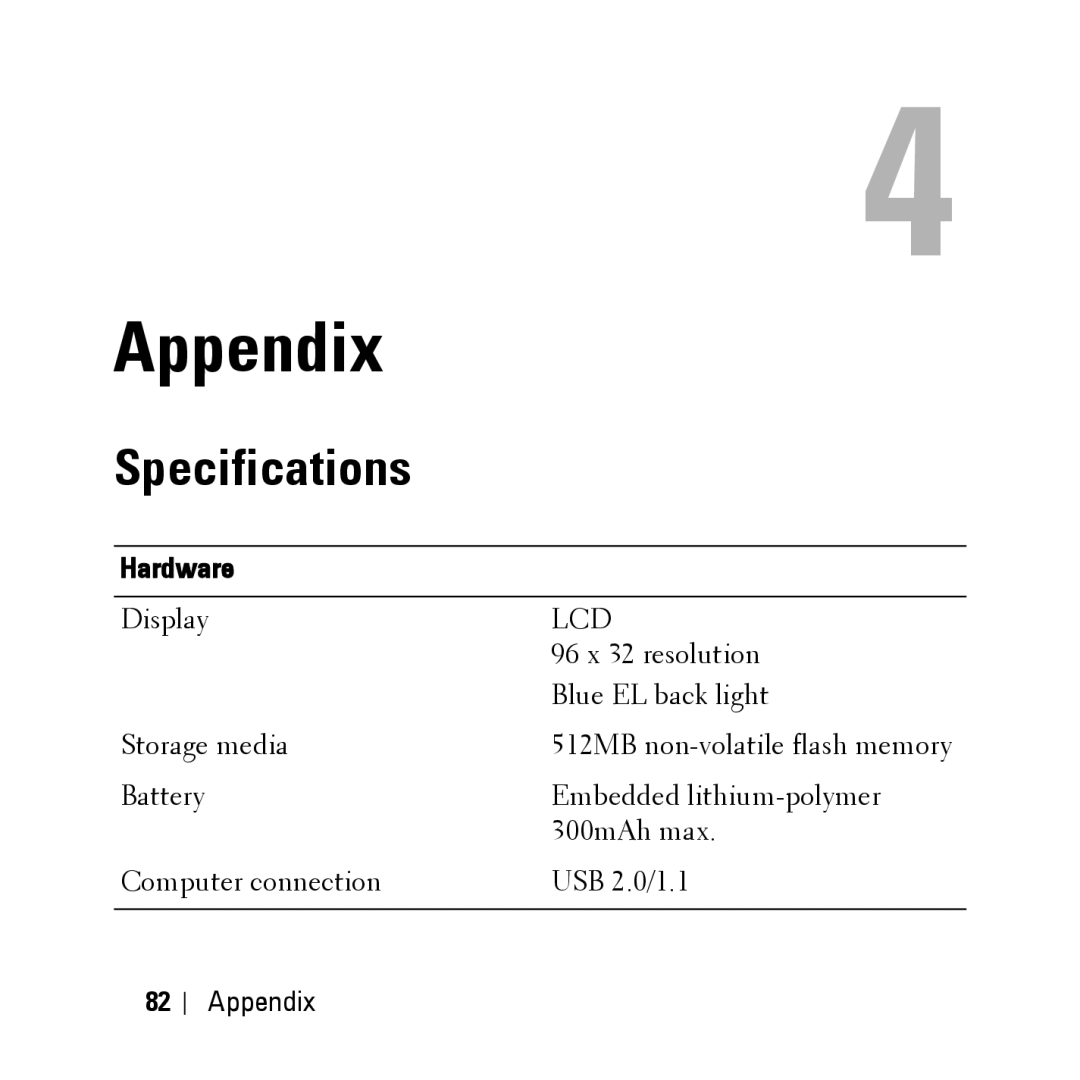 Dell HV04T owner manual Appendix, Specifications 