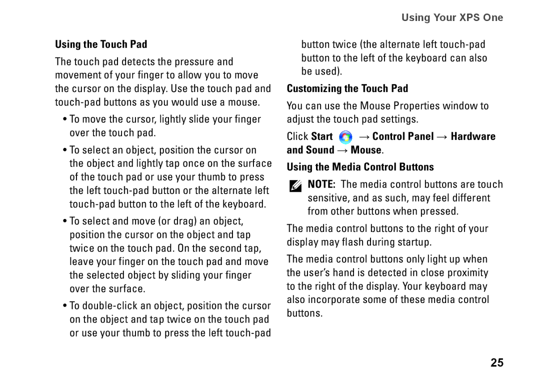 Dell HW049, MTG24, A2420 setup guide Using the Touch Pad, Customizing the Touch Pad 