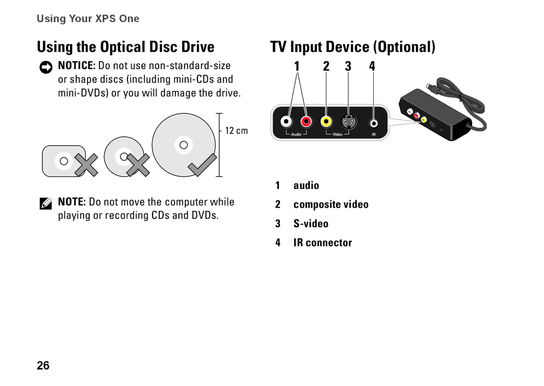 Dell MTG24, HW049, A2420 Using the Optical Disc Drive, TV Input Device Optional, Audio Composite video Video IR connector 