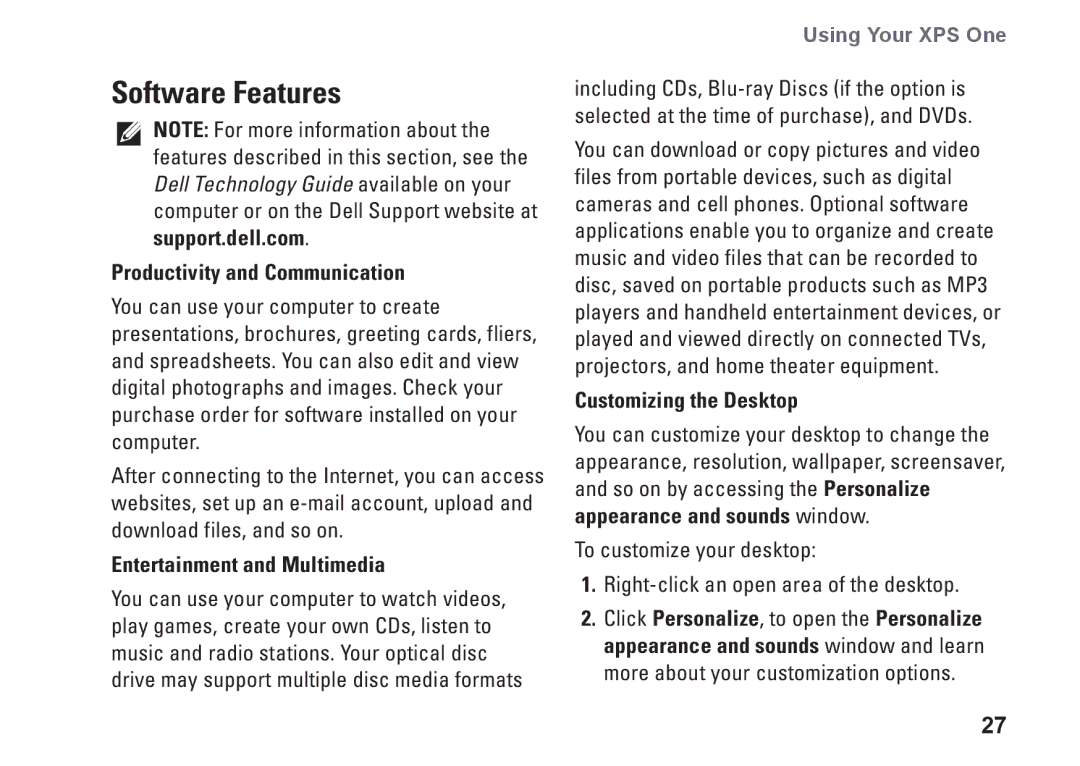Dell A2420, HW049 Software Features, Productivity and Communication, Entertainment and Multimedia, Customizing the Desktop 
